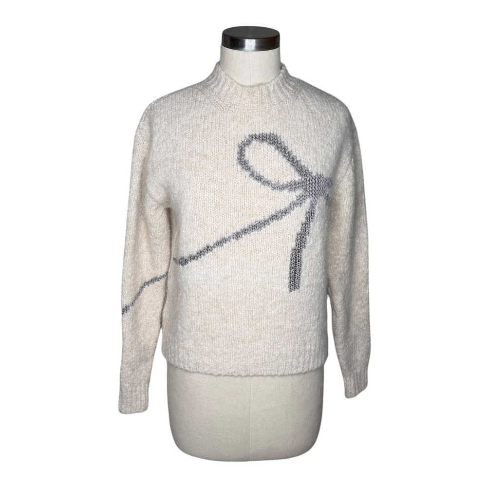 PALOMA WOOL Tana Sweater Cream Bow Graphic Mock Neck Women's Size XS Preppy Chic